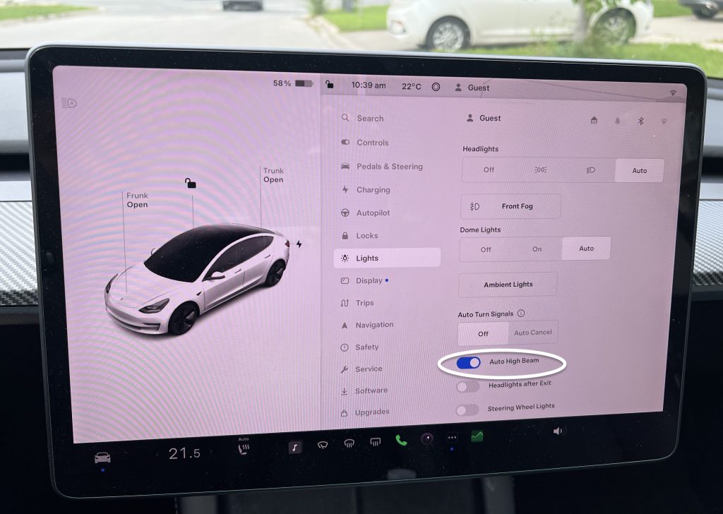 Auto High Beam Setting on the Tesla Centre Touchscreen
