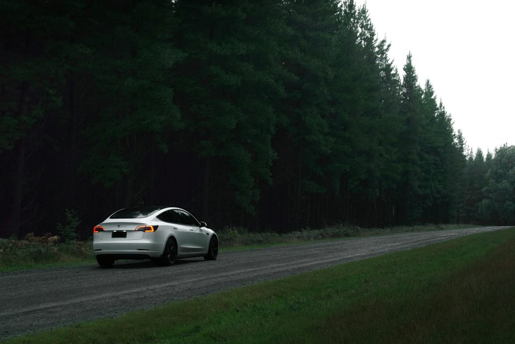 Pearl White Tesla Model 3 Accelerating Down a Road