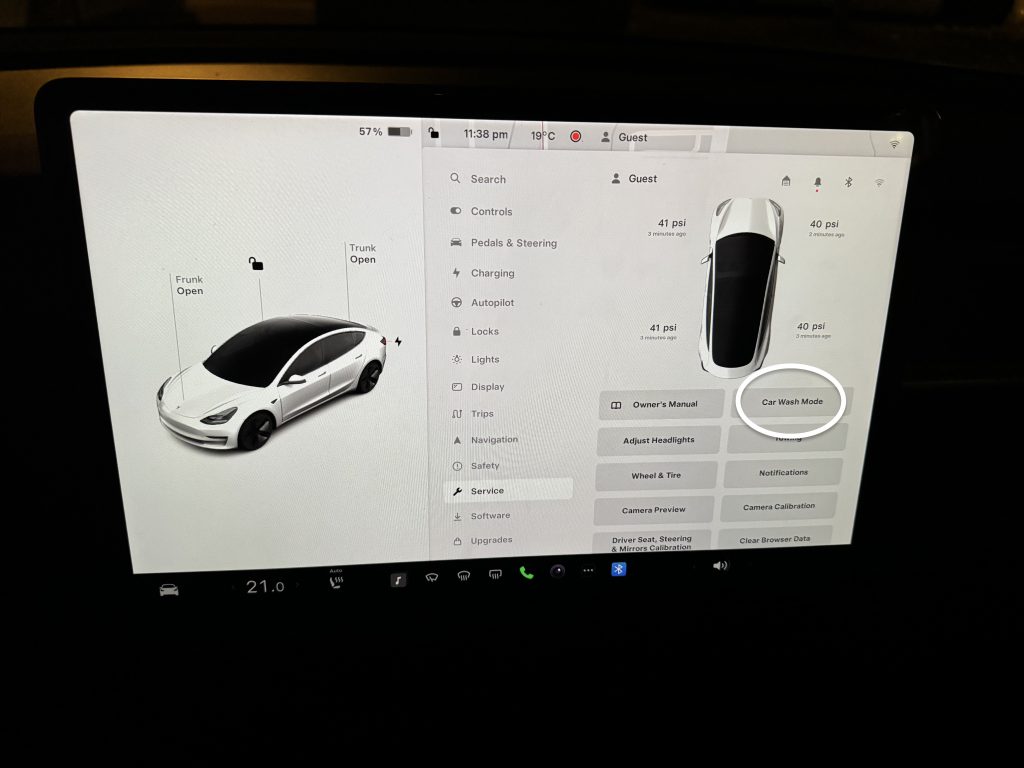 Car Wash Mode Button in a Tesla Model 3 or Model Y