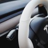 Tesloid Nappa Leather Steering Wheel Cover Hand Stitched for Model Y - Dove White