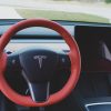 Tesloid Nappa Leather Steering Wheel Cover Hand Stitched for Model Y - Rolls Royce Red