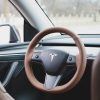 Tesloid Nappa Leather Steering Wheel Cover Hand Stitched for Model Y - Saddle Tan