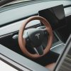 Tesloid Nappa Leather Steering Wheel Cover Hand Stitched for Model Y - Saddle Tan