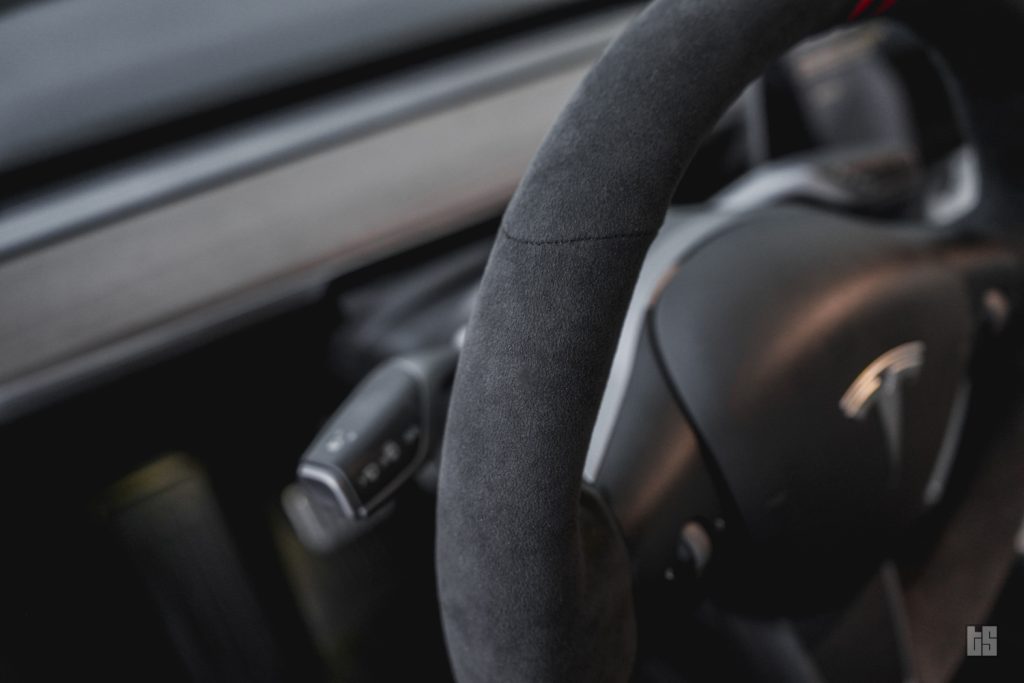 Tesloid Napa Leather Steering Wheel Cover- Black Suede with Red Stripes