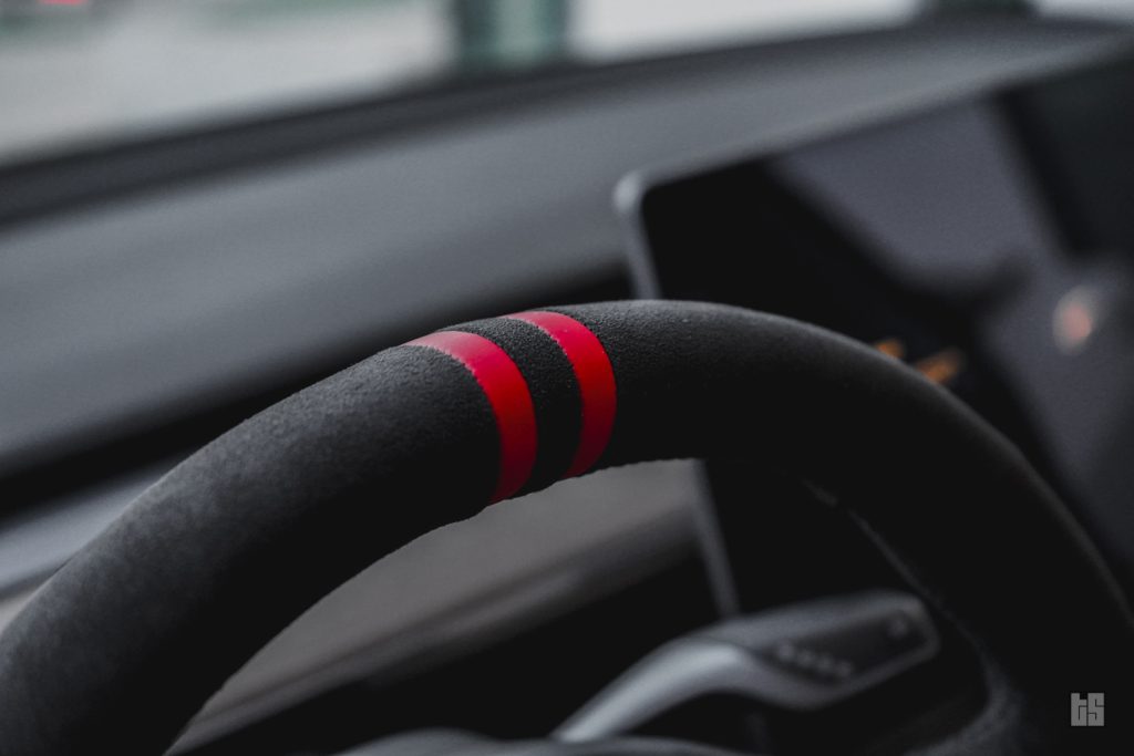 Tesloid Napa Leather Steering Wheel Cover- Black Suede with Red Stripes