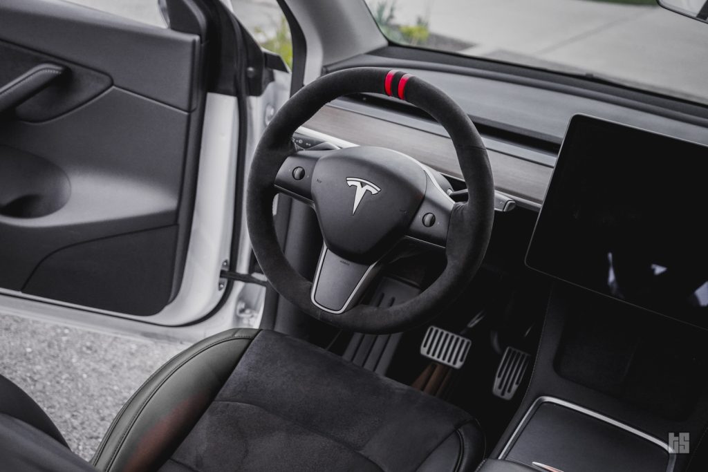 Tesloid Napa Leather Steering Wheel Cover- Black Suede with Red Stripes