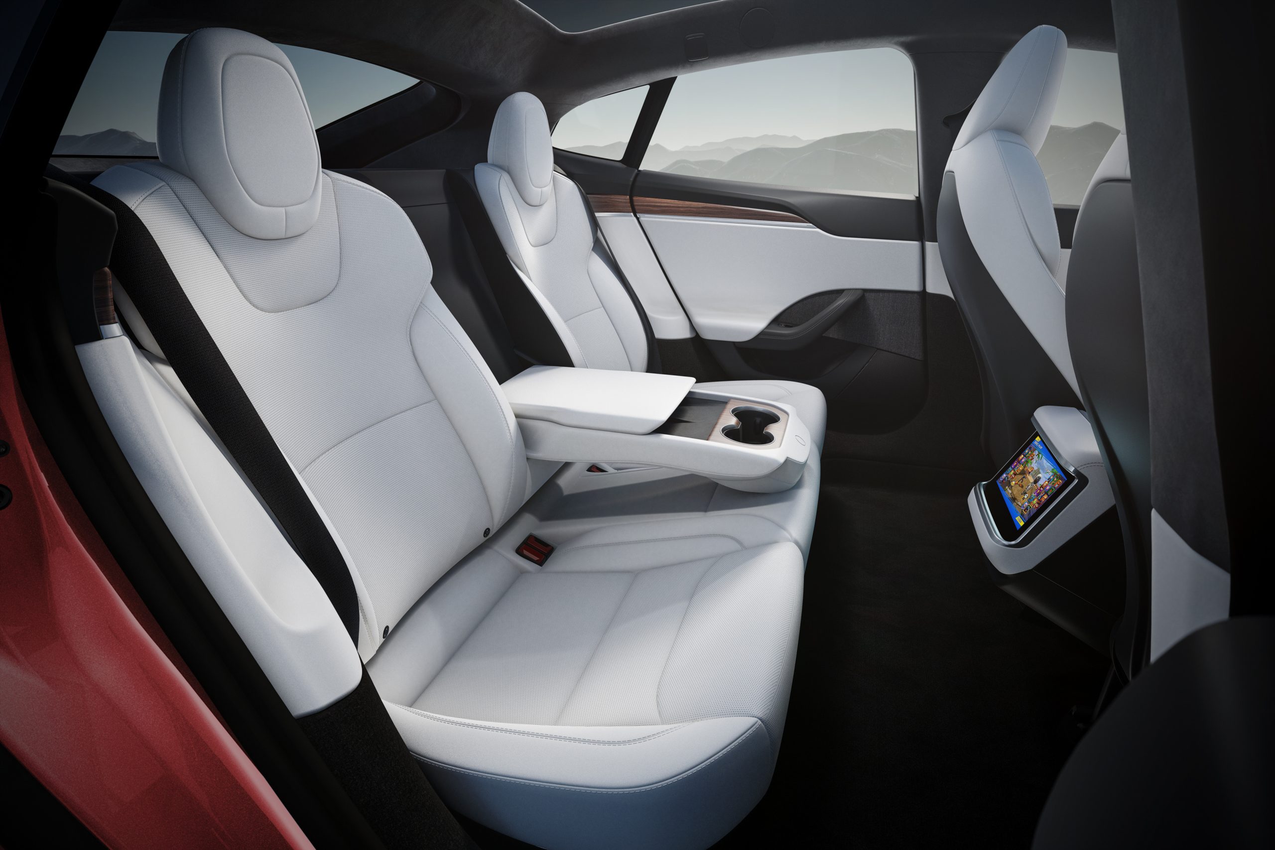Interior of a Tesla Model S with a Coat Hanger